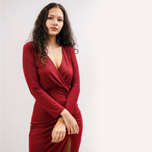 Load image into Gallery viewer, Mock Wrap Fishtail Evening Gown w/ Long Sleeves