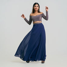 Load image into Gallery viewer, Off Shoulder Shiny Crop Top &amp; Flared Chiffon Skirt Set
