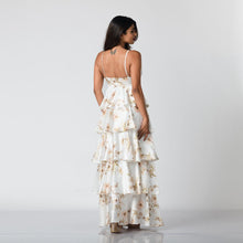 Load image into Gallery viewer, Tiered V Neck Floral Satin Evening Gown
