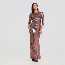 Load image into Gallery viewer, Boat Neck Fishtail Metallic Evening Gown
