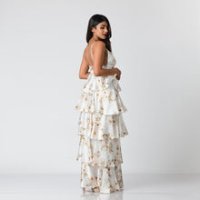 Load image into Gallery viewer, Tiered V Neck Floral Satin Evening Gown
