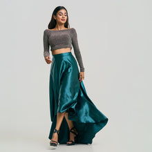 Load image into Gallery viewer, Boat Neck Shiny Crop Top &amp; Flared Hi-Lo Satin Skirt Set

