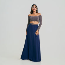 Load image into Gallery viewer, Off Shoulder Shiny Crop Top &amp; Flared Chiffon Skirt Set
