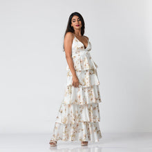 Load image into Gallery viewer, Tiered V Neck Floral Satin Evening Gown
