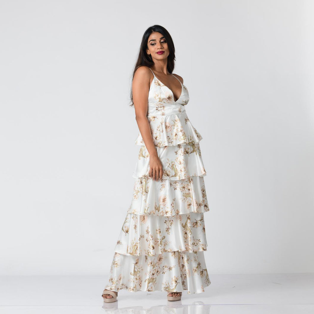 Tiered V Neck Floral Satin Evening Gown