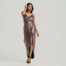 Load image into Gallery viewer, Mock Wrap Pleated Metallic Evening Gown
