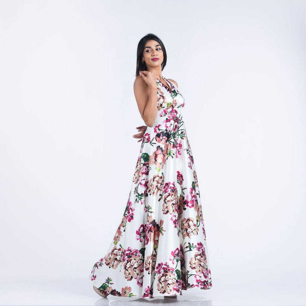 Floral Satin Plunge Halter Maxi