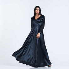 Load image into Gallery viewer, Mock Wrap Satin Evening Gown w/ Chiffon Sleeves

