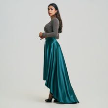 Load image into Gallery viewer, Boat Neck Shiny Crop Top &amp; Flared Hi-Lo Satin Skirt Set
