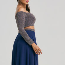 Load image into Gallery viewer, Off Shoulder Shiny Crop Top &amp; Flared Chiffon Skirt Set

