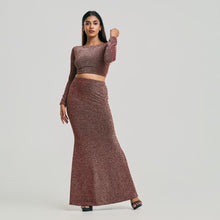 Load image into Gallery viewer, Boat Neck Criss Cross Back Shiny Crop Top &amp; Fishtail Skirt Set

