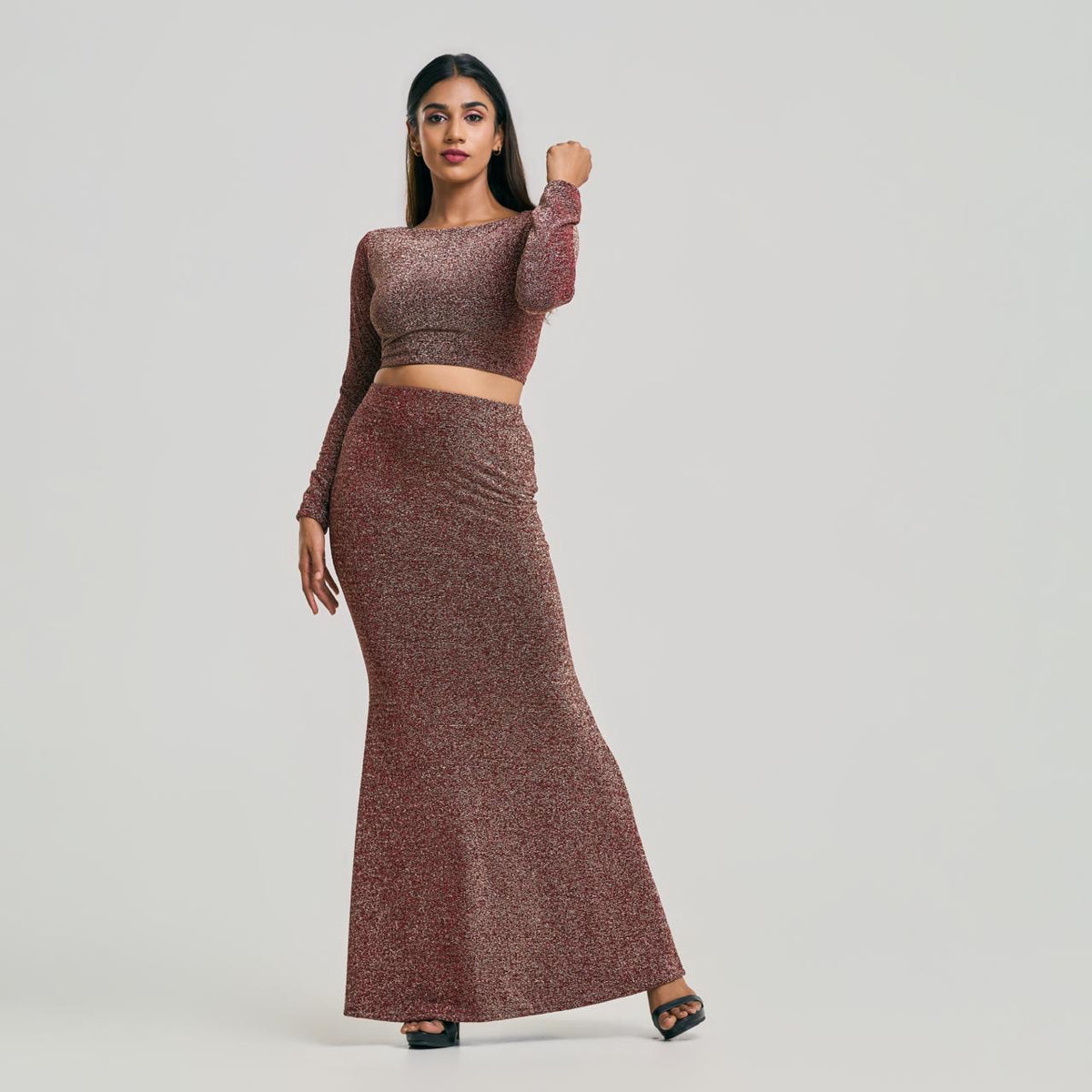 Boat Neck Criss Cross Back Shiny Crop Top & Fishtail Skirt Set – 1.O.A.K.