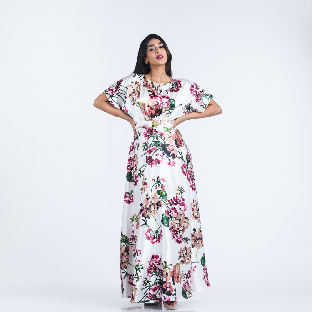 Boat Neck Butterfly Sleeve Satin Evening Gown