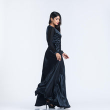 Load image into Gallery viewer, Mock Wrap Satin Evening Gown w/ Chiffon Sleeves
