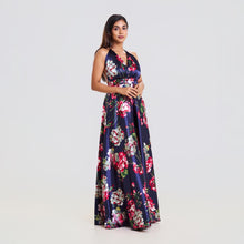 Load image into Gallery viewer, Floral Satin Plunge Halter Maxi
