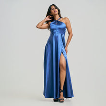 Load image into Gallery viewer, Loop Front Halter Satin Evening Gown
