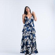 Load image into Gallery viewer, Tiered V Neck Floral Satin Evening Gown
