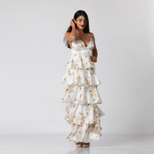 Load image into Gallery viewer, Tiered V Neck Floral Satin Evening Gown
