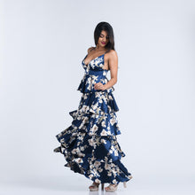Load image into Gallery viewer, Tiered V Neck Floral Satin Evening Gown
