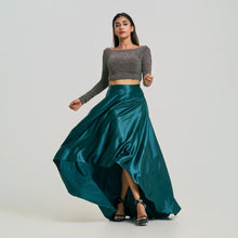 Load image into Gallery viewer, Boat Neck Shiny Crop Top &amp; Flared Hi-Lo Satin Skirt Set
