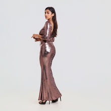 Load image into Gallery viewer, Boat Neck Fishtail Metallic Evening Gown
