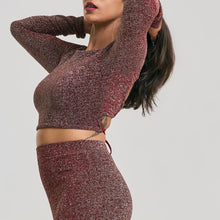 Load image into Gallery viewer, Boat Neck Criss Cross Back Shiny Crop Top &amp; Fishtail Skirt Set
