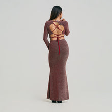 Load image into Gallery viewer, Boat Neck Criss Cross Back Shiny Crop Top &amp; Fishtail Skirt Set
