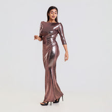 Load image into Gallery viewer, Boat Neck Fishtail Metallic Evening Gown
