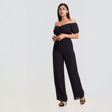 Load image into Gallery viewer, Off Shoulder Tie Front Chiffon Jumpsuit
