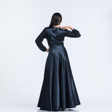 Load image into Gallery viewer, Mock Wrap Satin Evening Gown w/ Chiffon Sleeves
