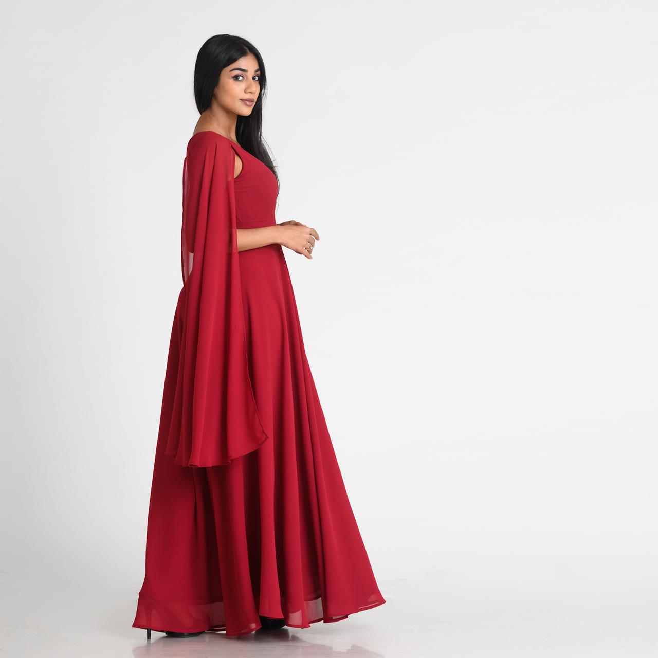 One Shoulder Flared Sleeve Evening Gown