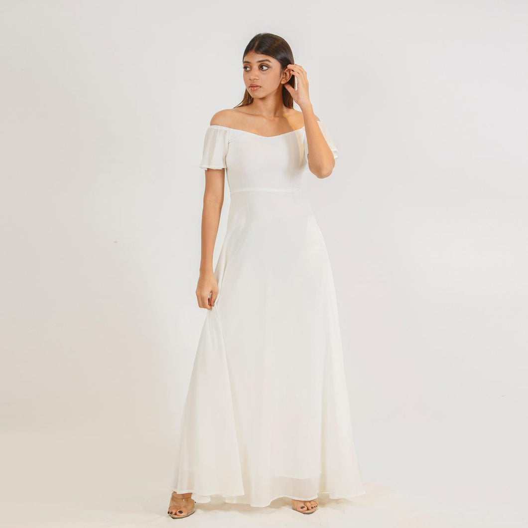 Off Shoulder Frill Sleeve Evening Gown