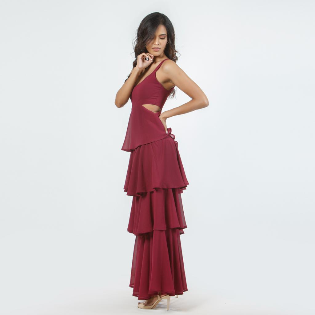Tiered Side Cut-Out Evening Dress