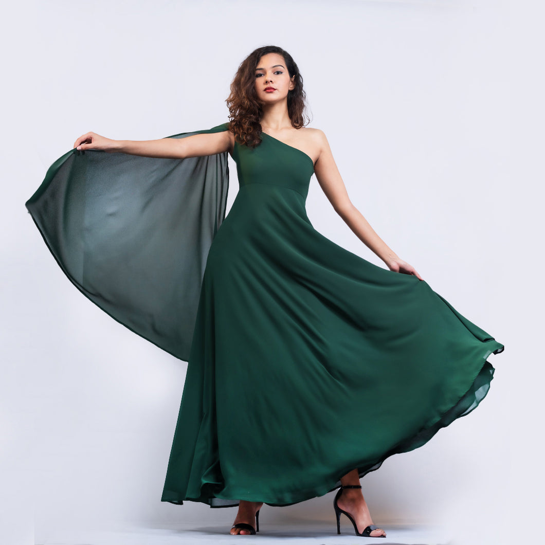 One Shoulder Flared Sleeve Evening Gown
