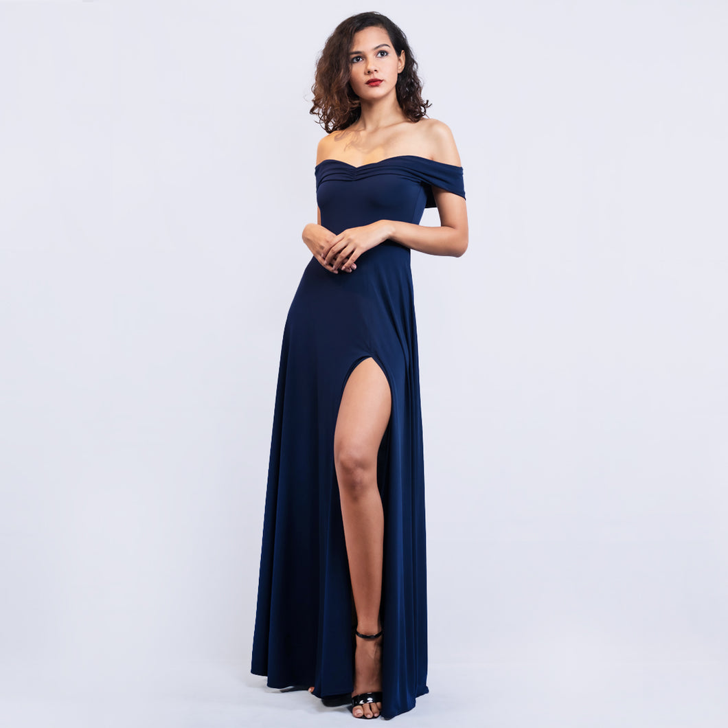 Off Shoulder Gathered Front Evening Gown
