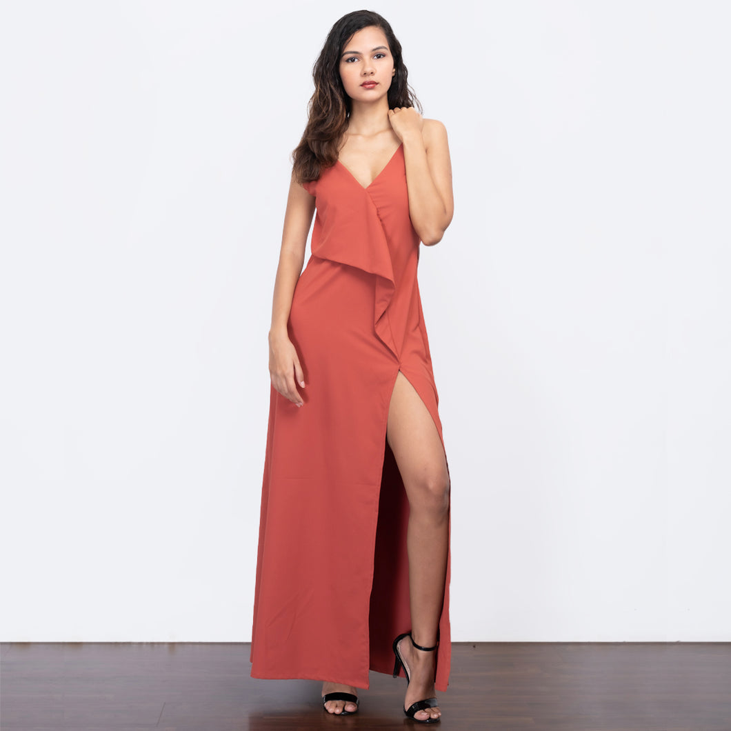 Frill Front High Slit Evening Gown