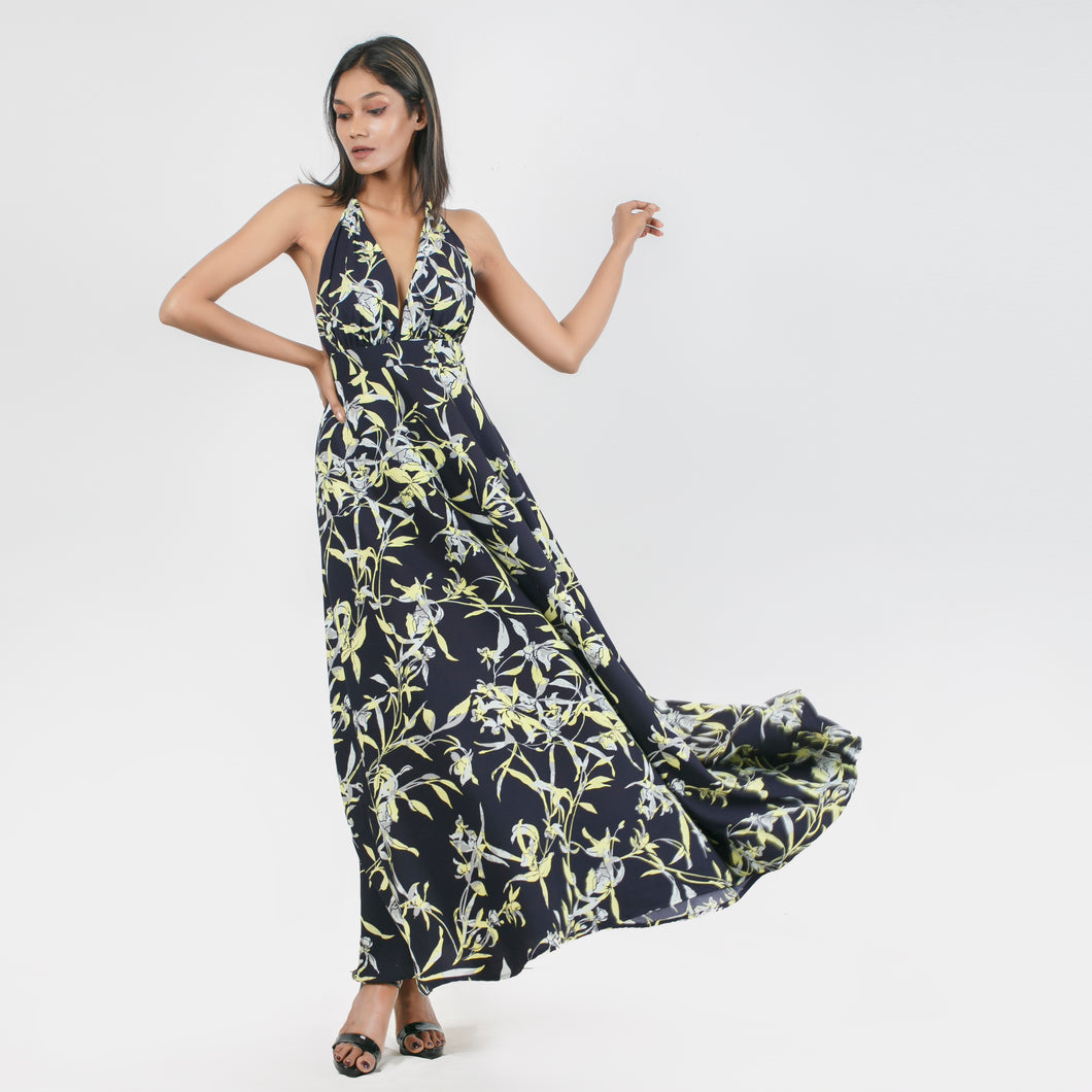 Floral Plunge Satin Halter Maxi