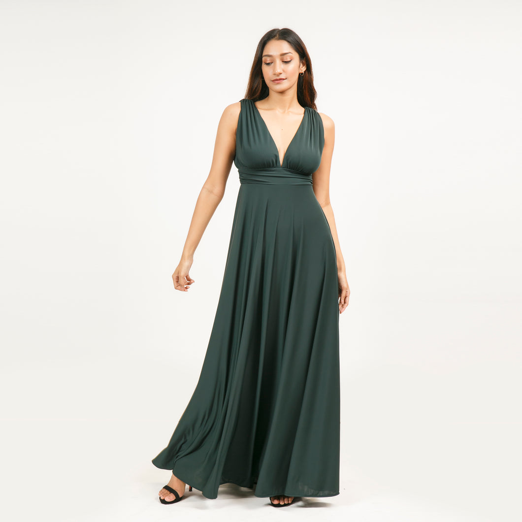 Grecian Plunge Neck Flared Evening Gown