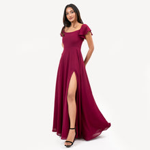 Load image into Gallery viewer, Off Shoulder Straight Neck Frill Sleeve Evening Gown
