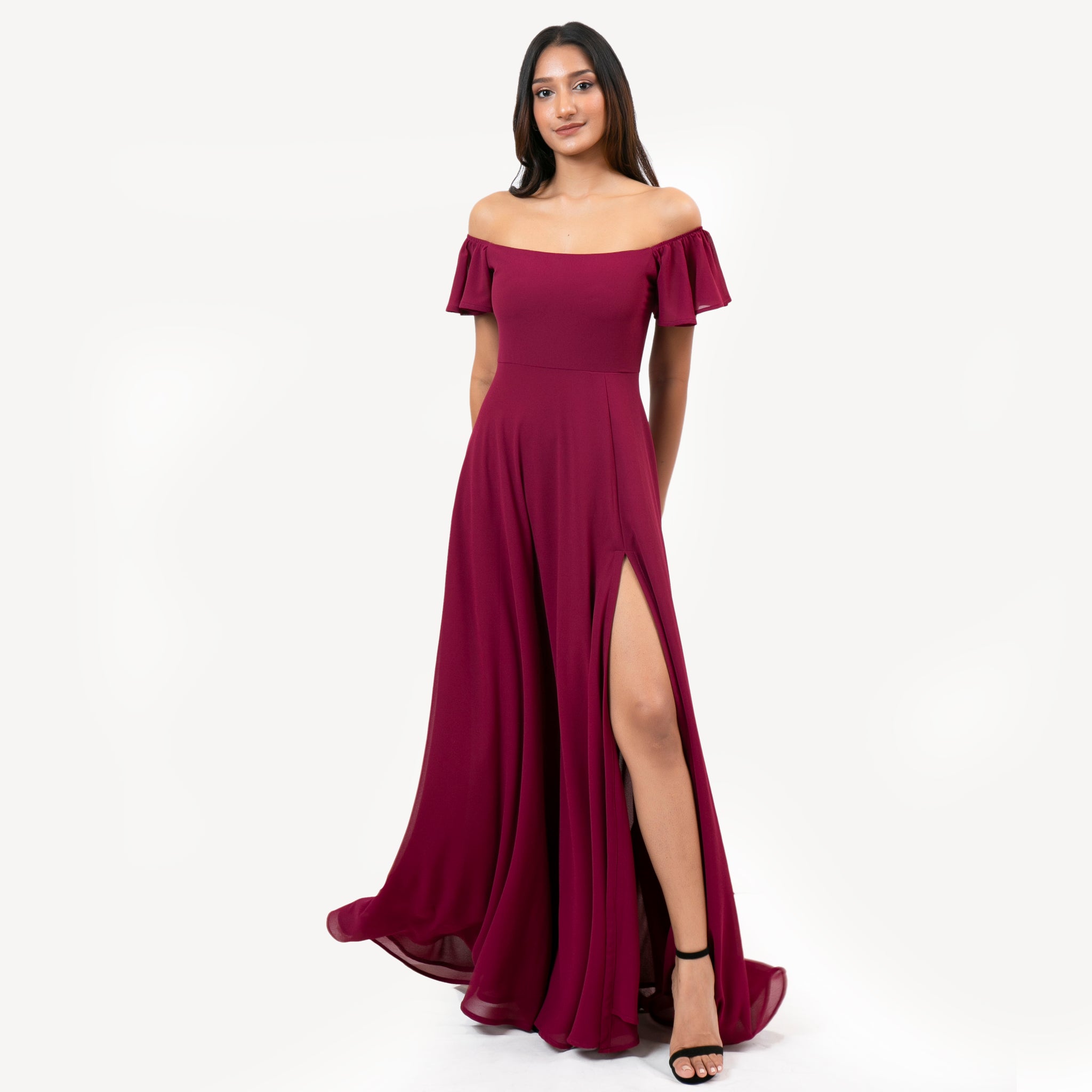 Off Shoulder Straight Neck Frill Sleeve Evening Gown 1.O.A.K. Off Shoulder Straight Neck Frill Sleeve Evening Gown 1.O.A.K.