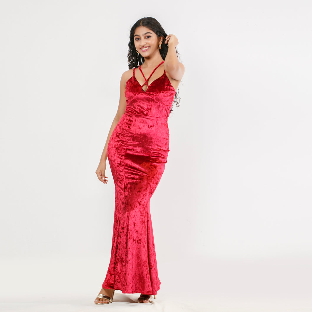 Crushed Velvet Two Strap Mermaid Evening Gown