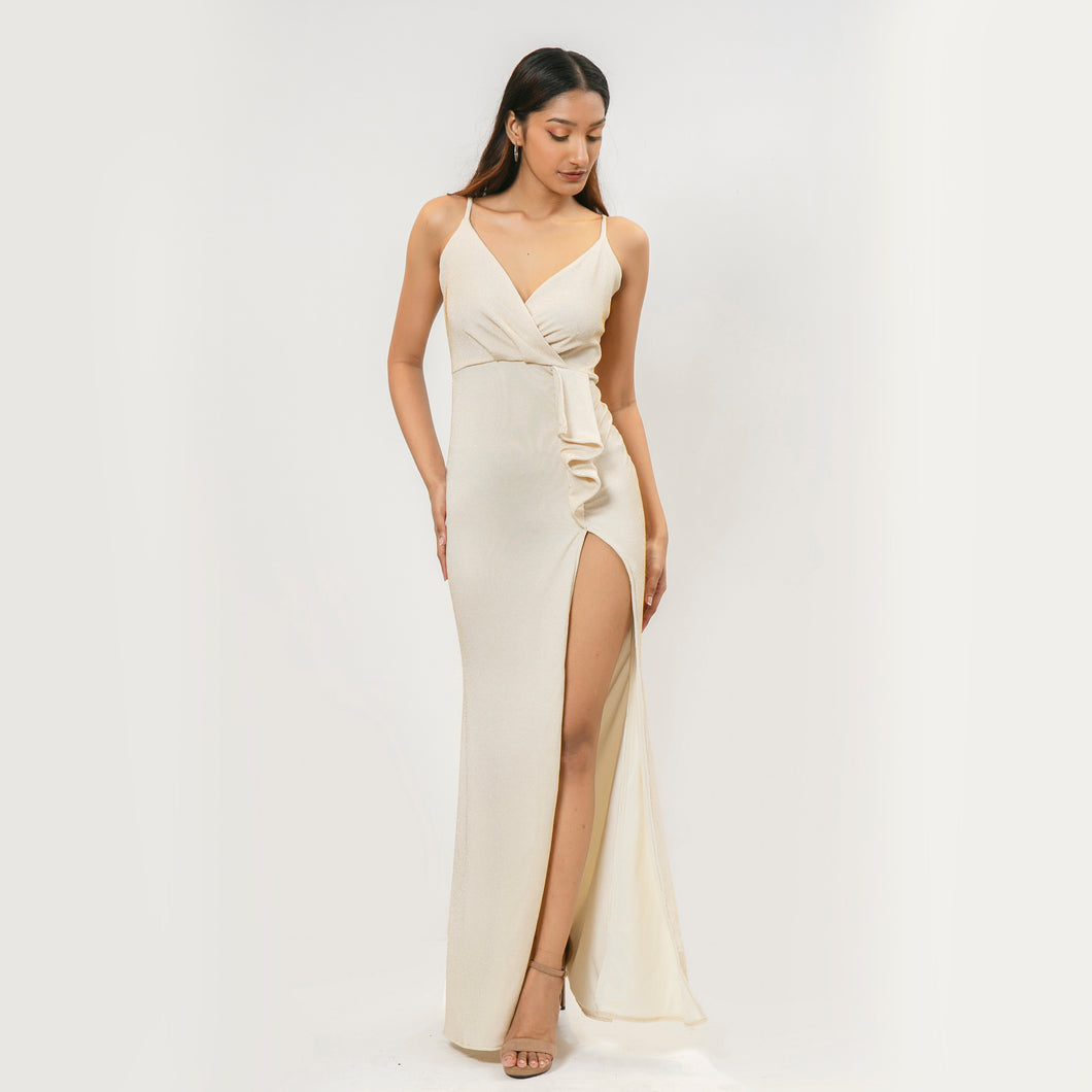 Mock Wrap Evening Gown w/ Frill
