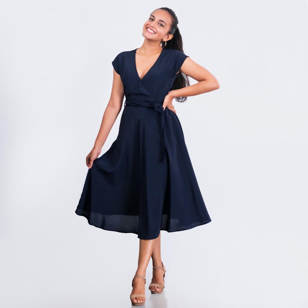 Overlap Flared Midi Dress w/ Belt