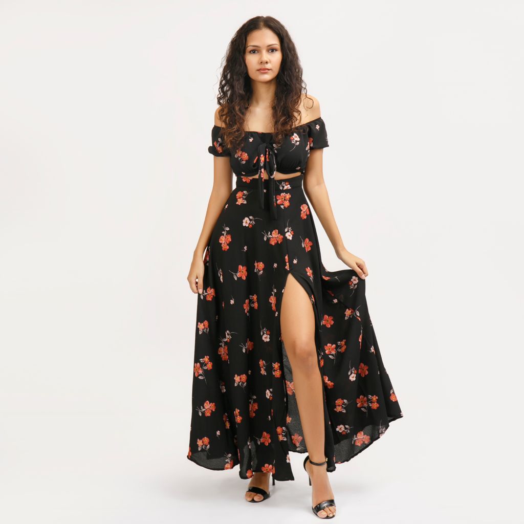 Off Shoulder Tie Front Maxi