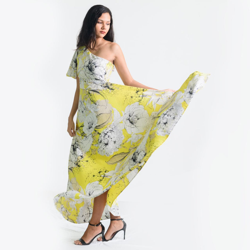 One Shoulder Butterfly Sleeve Printed Dress