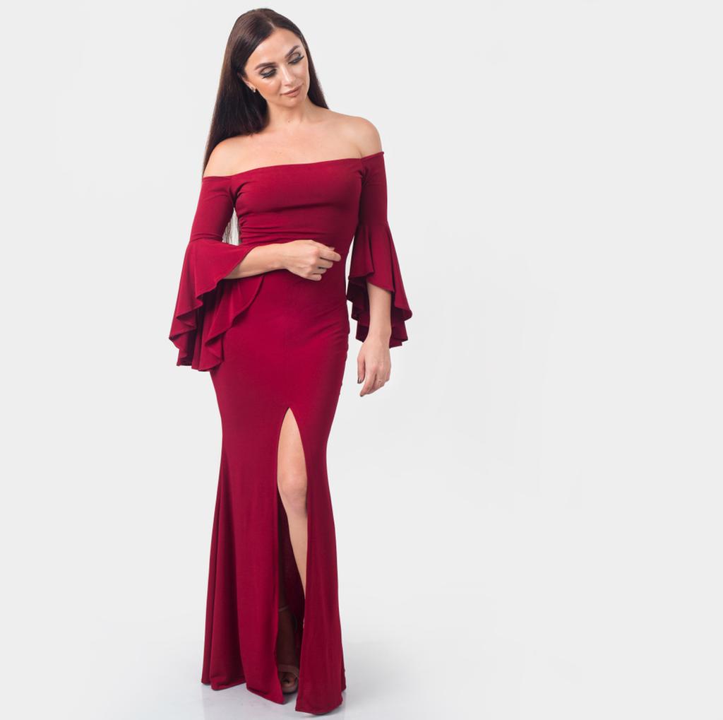 Off Shoulder Frill Sleeve Evening Gown