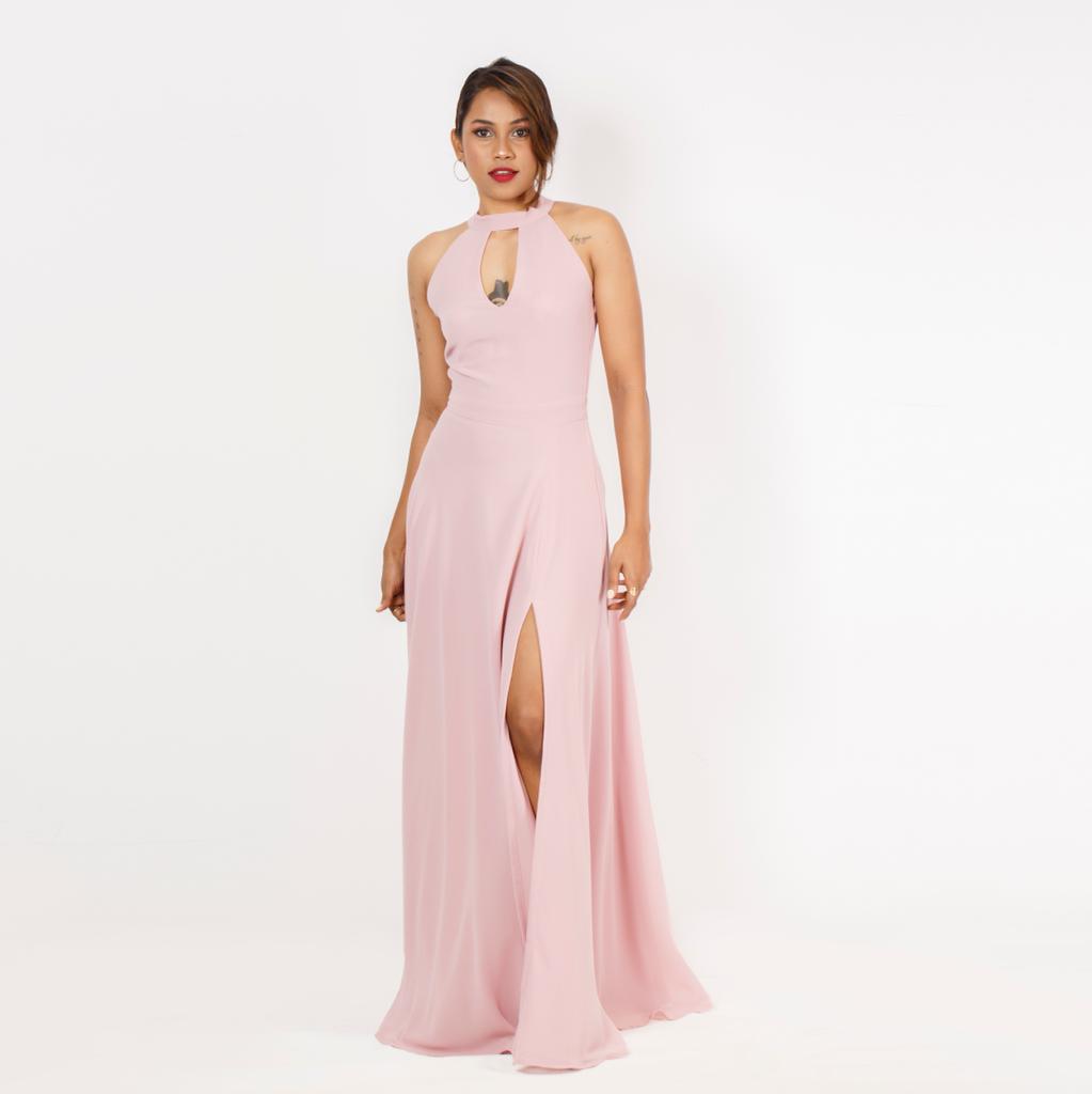 Open Back Halter Tie Evening Gown