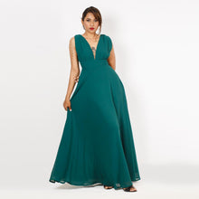 Load image into Gallery viewer, Grecian Plunge Neck Flared Evening Gown w/ Slit
