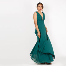 Load image into Gallery viewer, Grecian Plunge Neck Flared Evening Gown w/ Slit
