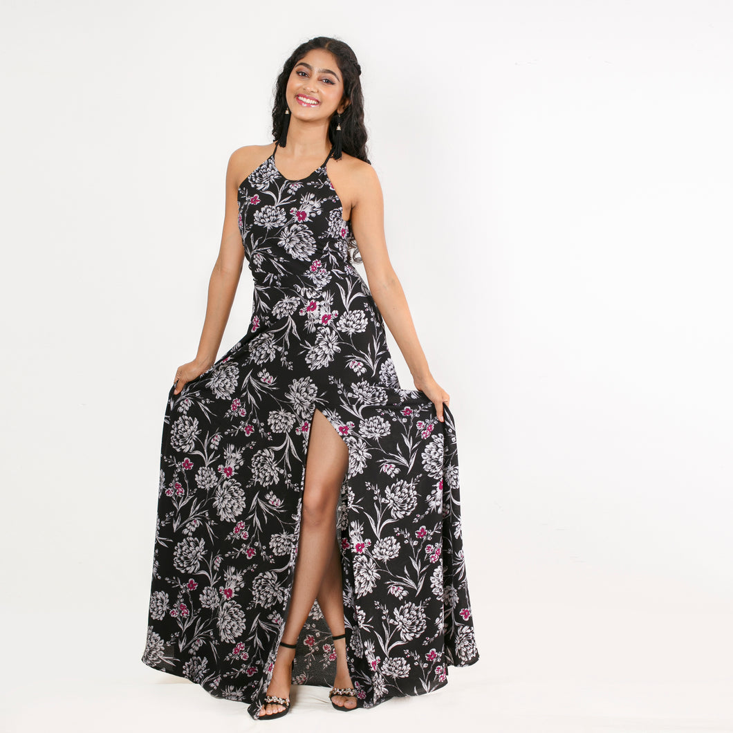 High Neck Tie Back Floral Maxi